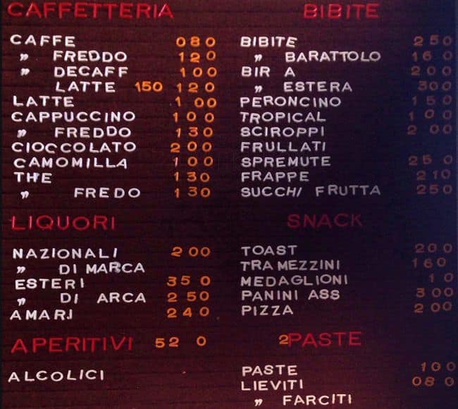 Menu di Bar Co.Ni. Latteria 