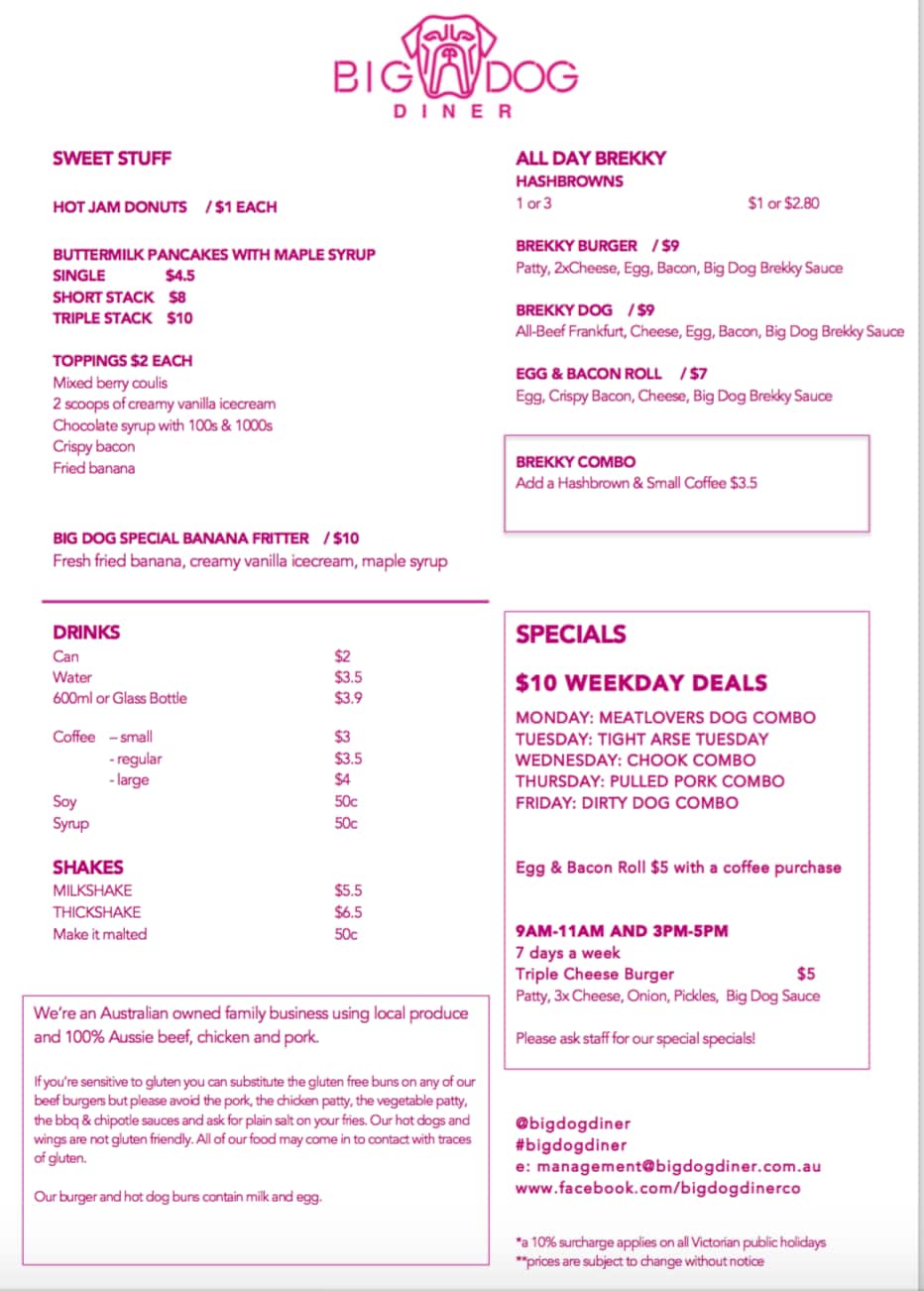 Menu at Big Dog Diner restaurant, Frankston, 78 Cranbourne Rd