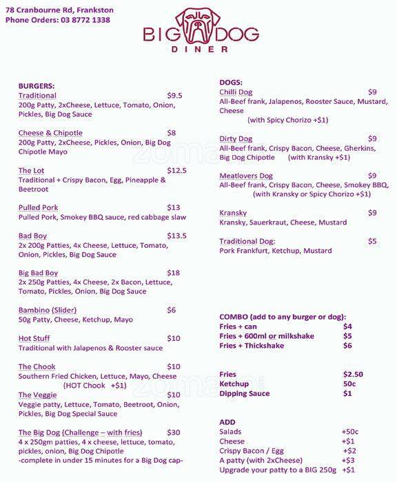 Big Dog Diner Menu, Menu for Big Dog Diner, Frankston, Melbourne Urbanspoon/Zomato