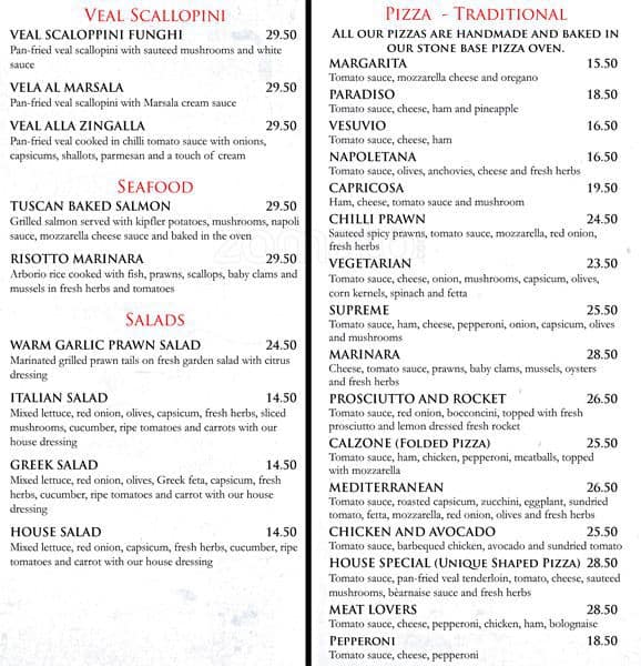 Menu at Marinara Trattoria restaurant, Paddington