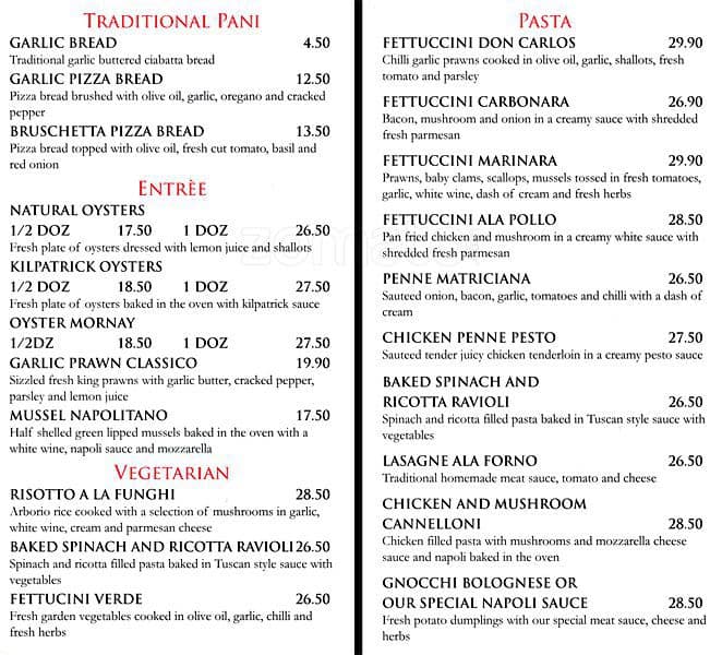 Menu at Marinara Trattoria restaurant, Paddington