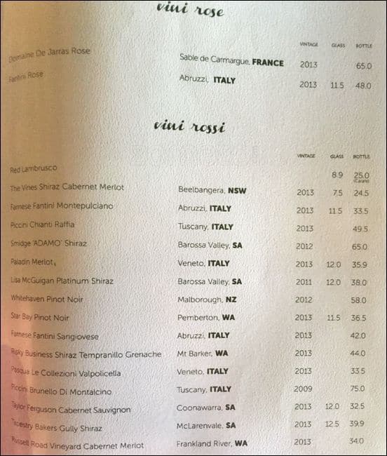 Menu at Marinara Trattoria restaurant, Paddington