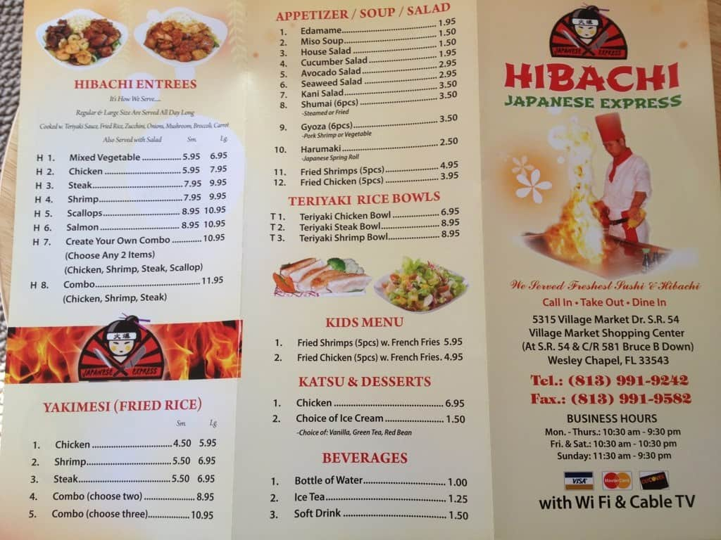 Menu at Hibachi Japanese Express restaurant, Wesley Chapel South