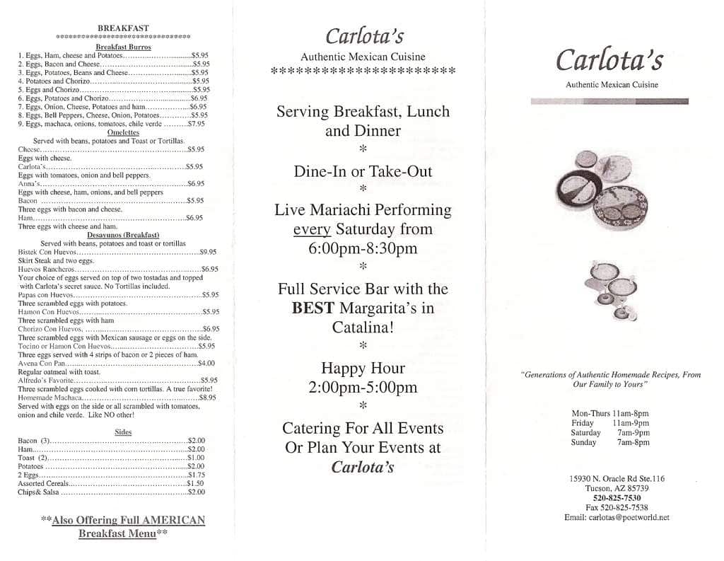 Menu at Carlota's restaurant, Catalina, N Oracle Rd 116