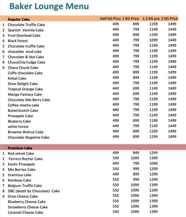 The Cake Cafe menu