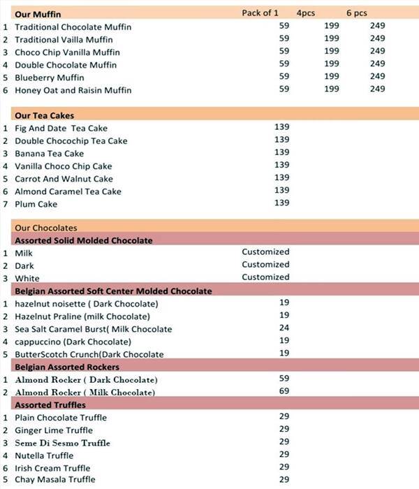 The Cake Cafe menu