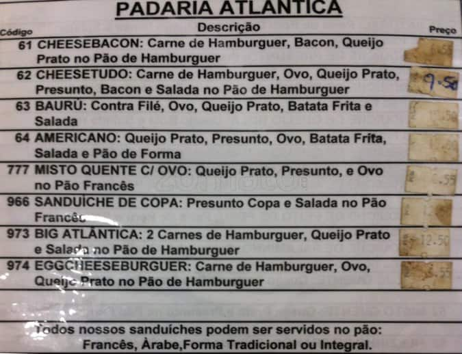 Panificação Atlântica cardápio