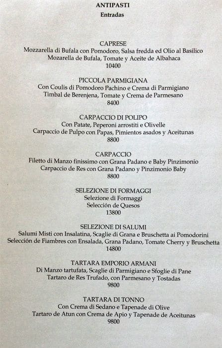 emporio armani caffe menu