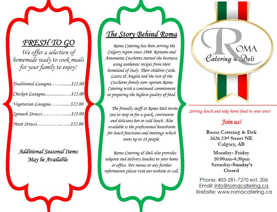 Menu At Roma Catering Calgary