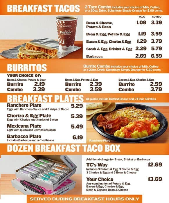 Menu at Taco Cabana restaurant, Cypress, Northwest Fwy