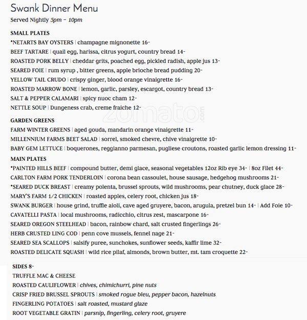 Carta de Swank Restaurant