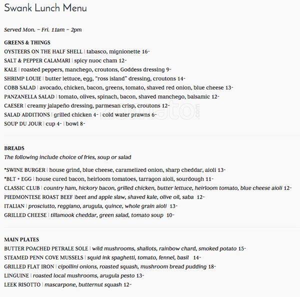 Carta de Swank Restaurant