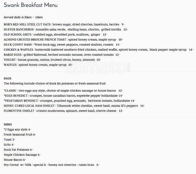 Carta de Swank Restaurant