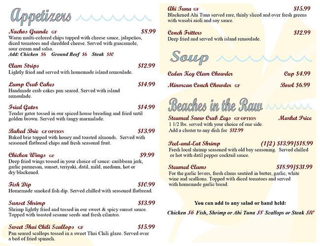 Beaches At Vilano Menu Menu For Beaches At Vilano Vilano Beach St Augustine