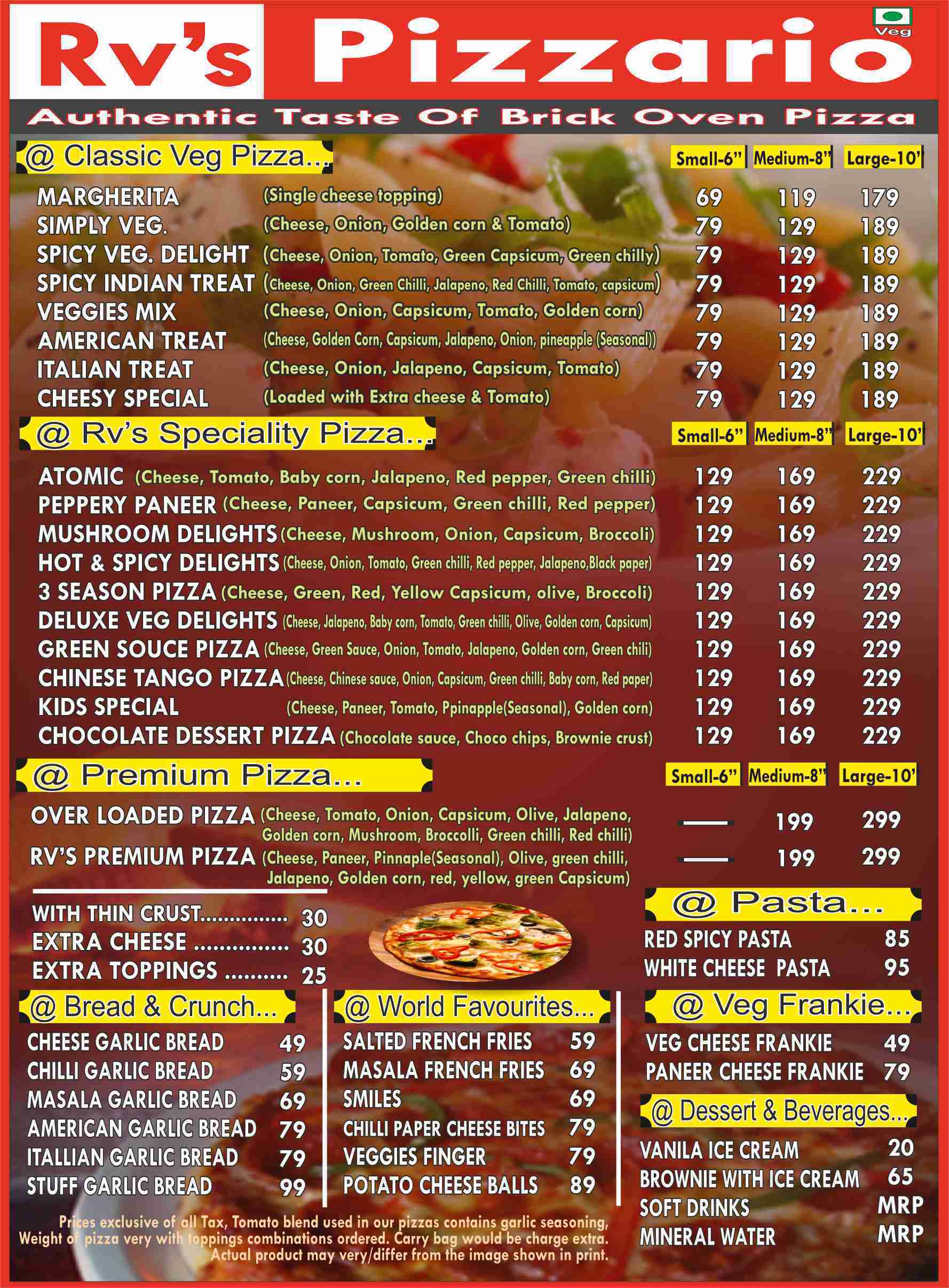 RV's Pizzario Menu, Menu for RV's Pizzario, Airport Gandhinagar Highway ...