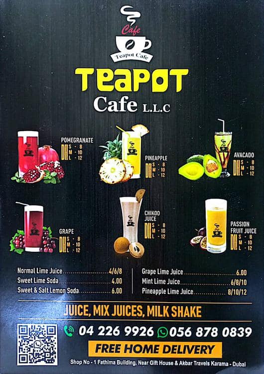 Menu of Teapot Cafe, Al Karama, Dubai