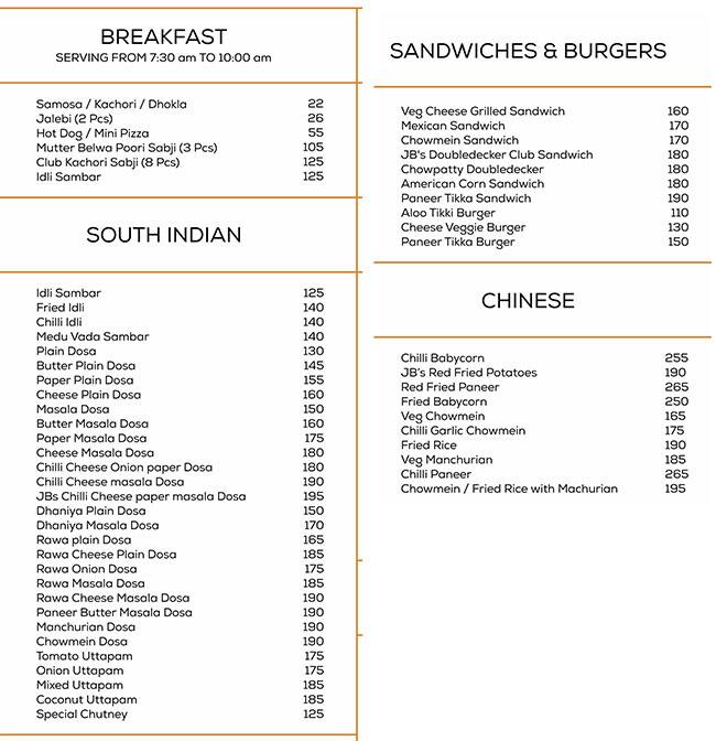 JB's menu