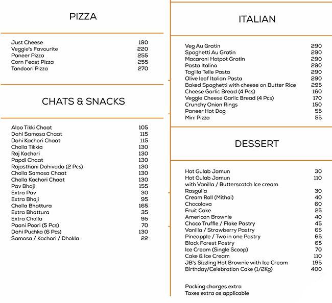 JB's menu