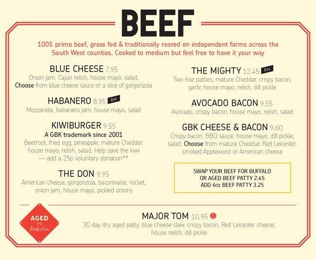 Menu at Gourmet Burger Kitchen (GBK) restaurant, London, Unit 1072