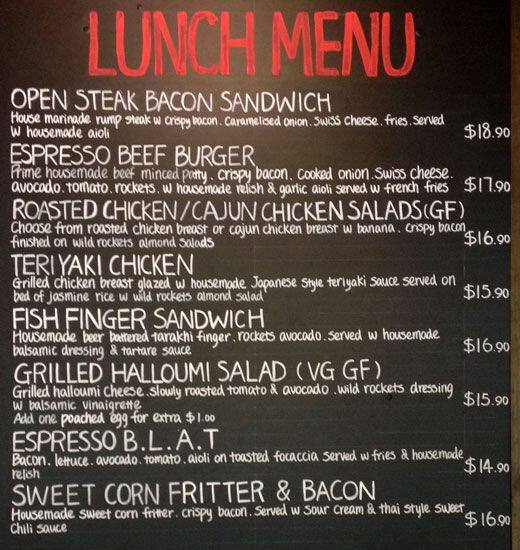 Espresso Work Menu, Menu for Espresso Work, Penrose, Auckland