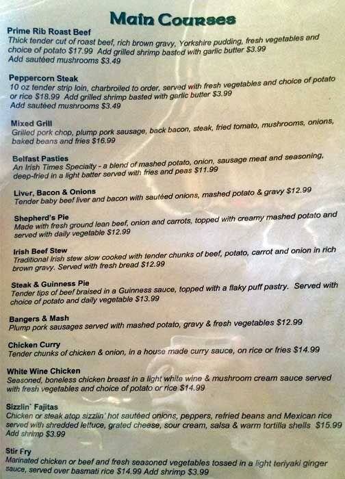 Irish Times menu