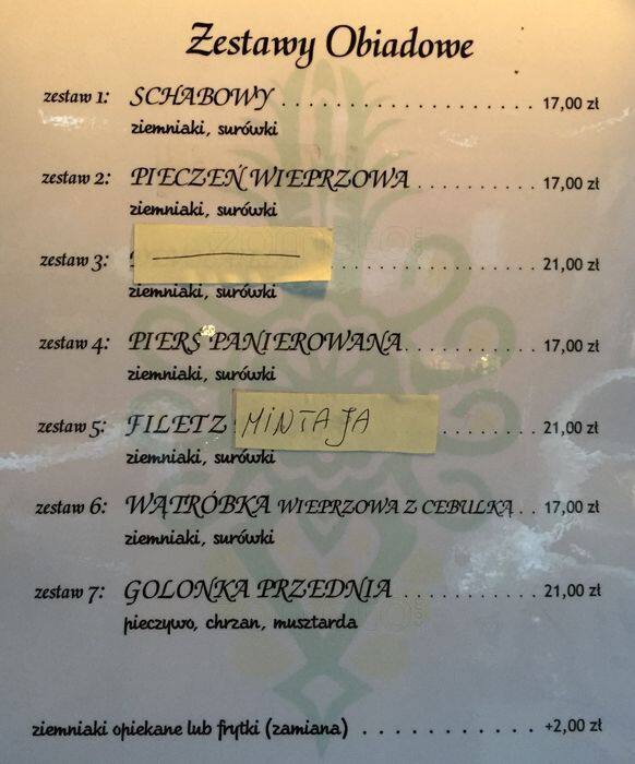 Bar Gazda menu, Menu restauracji Bar Gazda, Zakopane, Zakopane