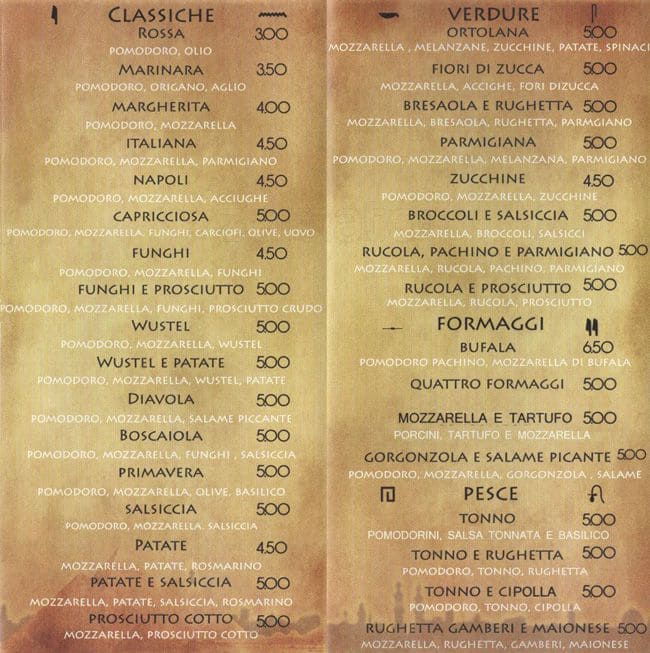 Menu di pizza faraona 
