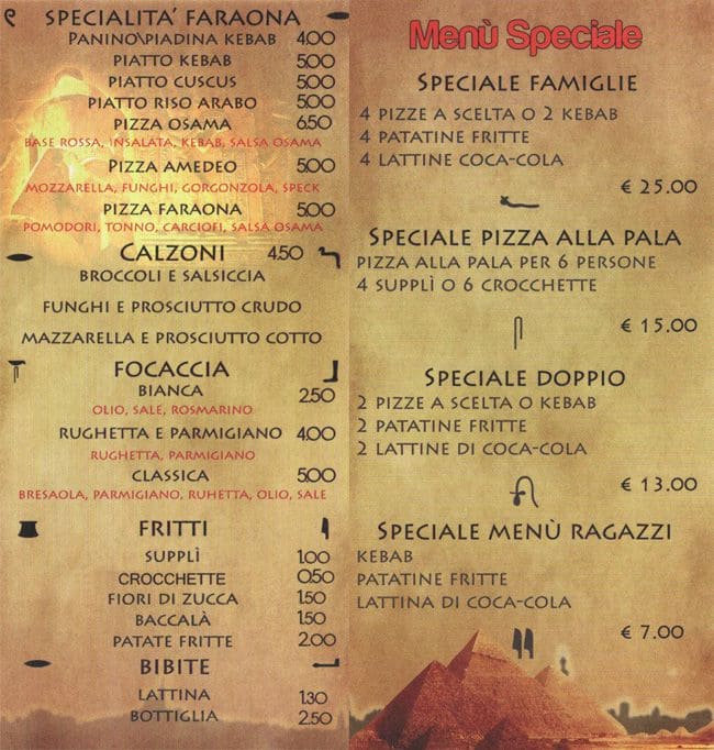 Menu di pizza faraona 
