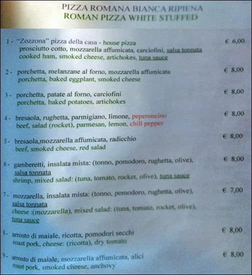 Lo Zozzone Menu Menu For Lo Zozzone Navona Pantheon Roma