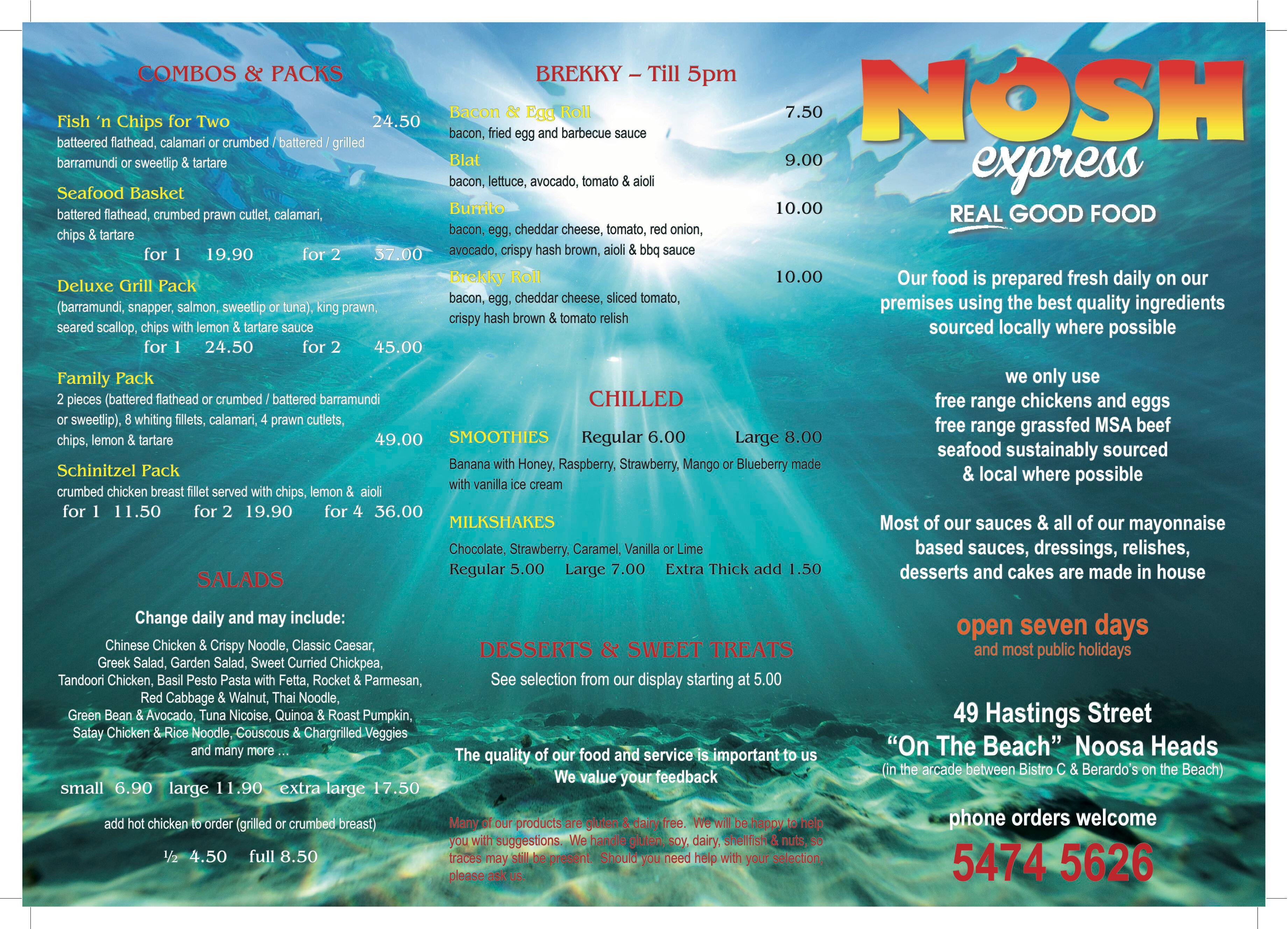 Nosh Express Menu, Menu for Nosh Express, Noosa Heads, Noosa Heads