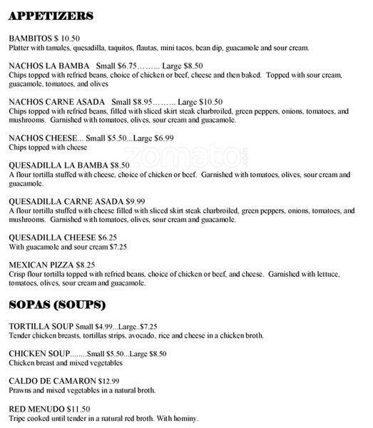 La Bamba Menu, Menu for La Bamba, Kent, Kent - Urbanspoon/Zomato