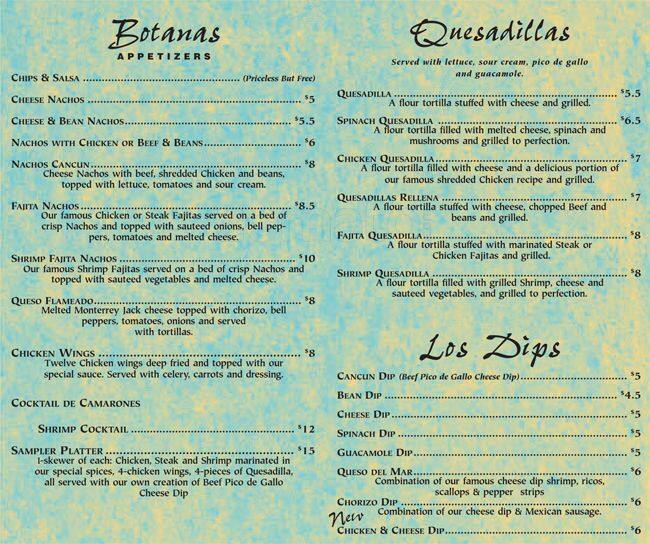 Cancun Mexican menu, Menu restauracji Cancun Mexican, South Knoxville
