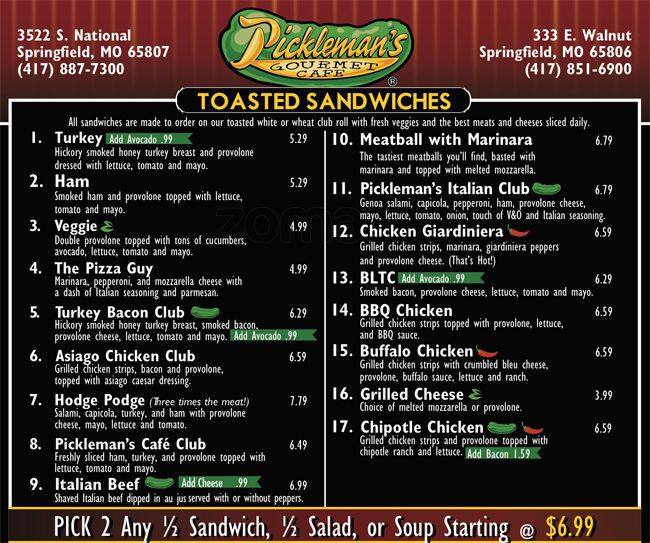Pickleman s Menu Menu For Pickleman s Springfield Springfield