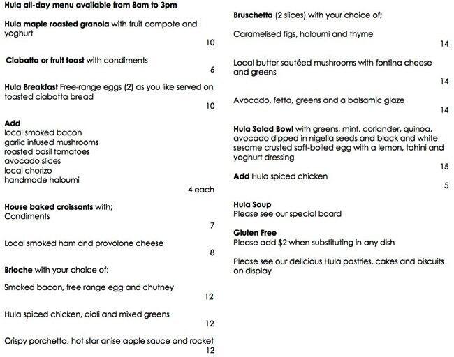 Hula Hoop menu, Menu restauracji Hula Hoop, Kensington Park, Adelaide