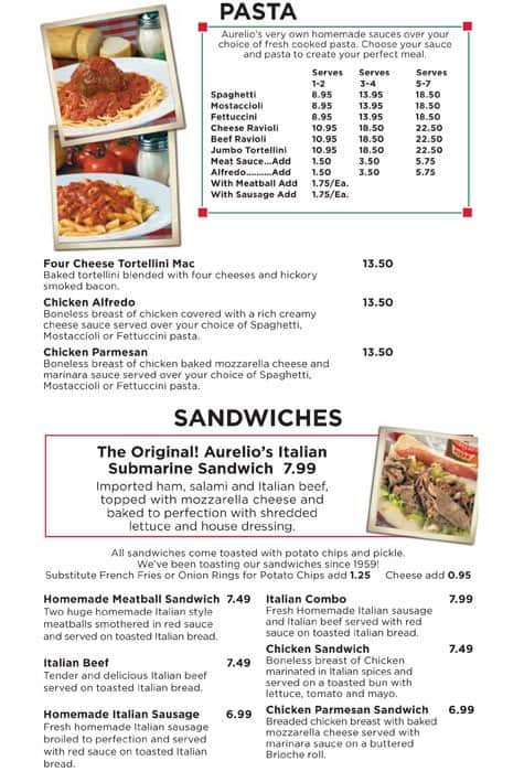 Menu at Aurelio's Pizza pizzeria, Frankfort, W Lincoln Hwy
