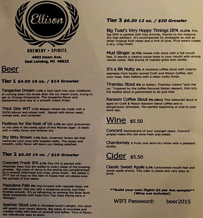 Menu at Ellison Brewery + Spirits restaurant, East Lansing
