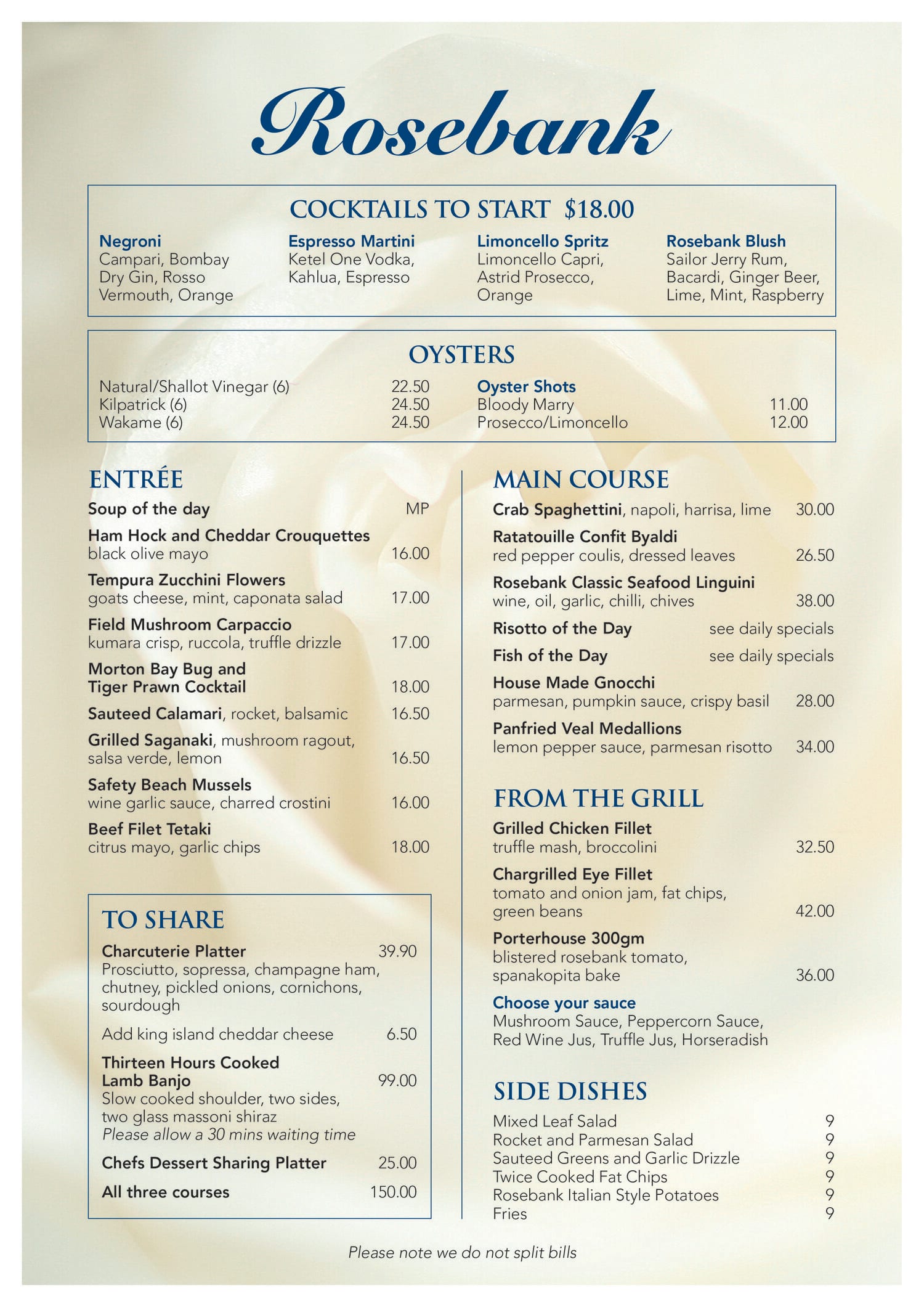 Menu at Rosebank North restaurant, Ringwood North