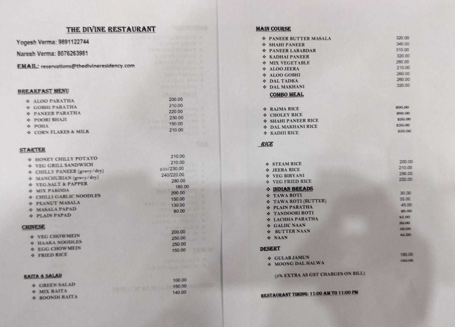 Menu of The Divine Restaurant, Omega 1, Greater Noida