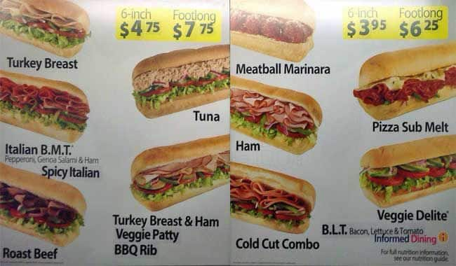 Menu at Subway fast food, Ottawa, 780 Baseline Rd #12