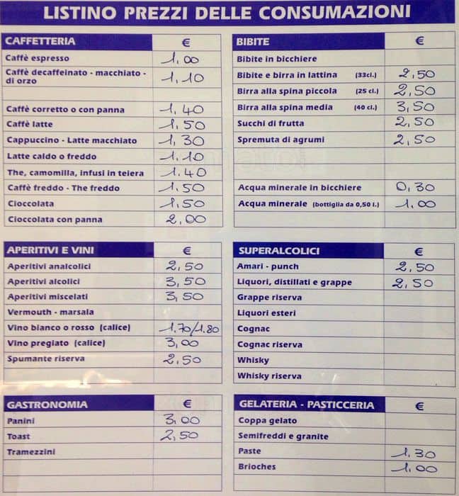 Menu di Al Baretto 