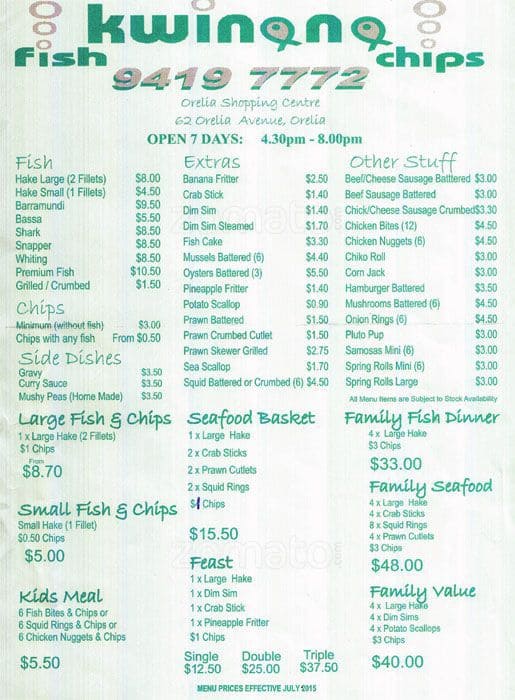 Menu at Kwinana Fish & Chips restaurant, Wellard