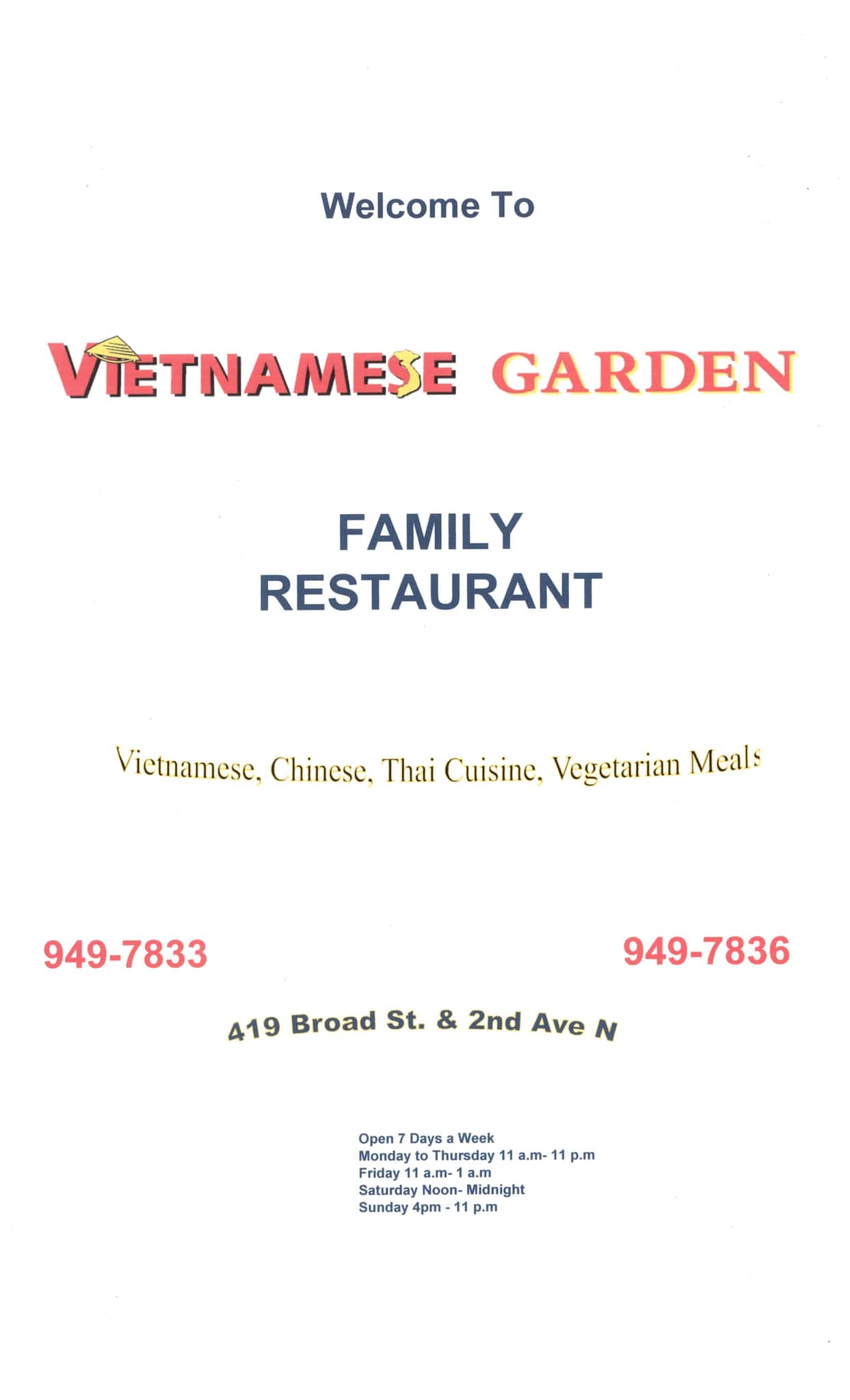 Menu de Vietnamese Garden