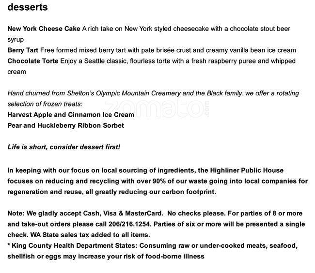 Menu at Highliner Public House, Seattle