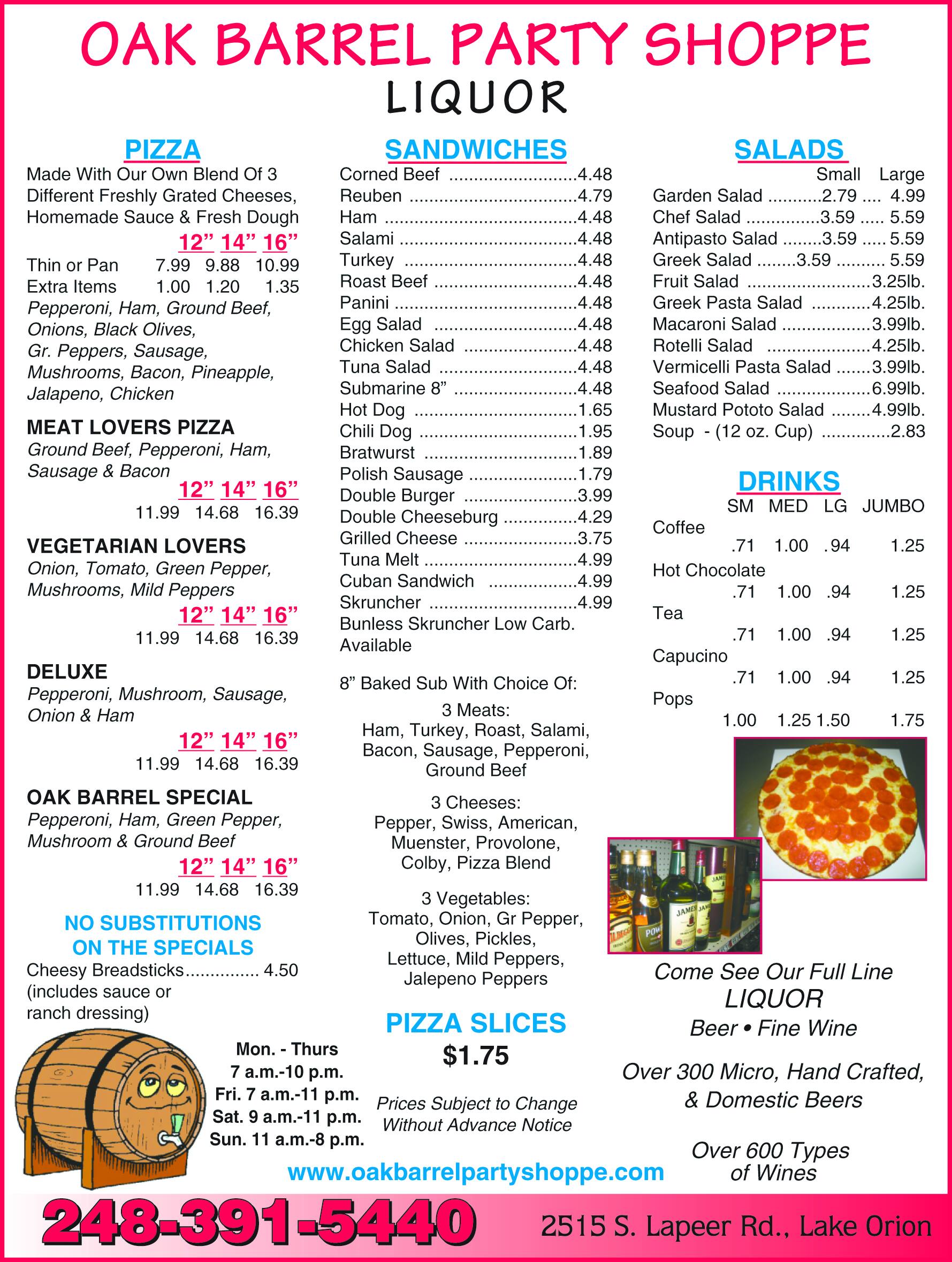 Oak Barrel Party Shoppe Menu, Menu for Oak Barrel Party Shoppe, Lake