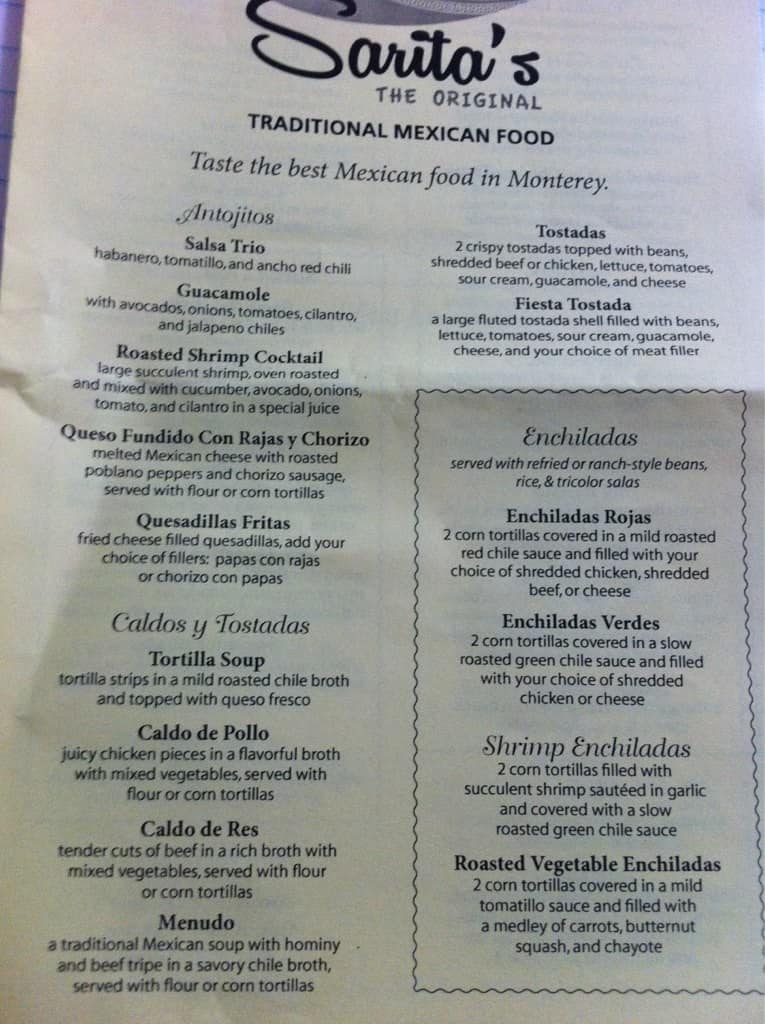 Sarita's Menu, Menu for Sarita's, Monterey, Monterey Bay Urbanspoon