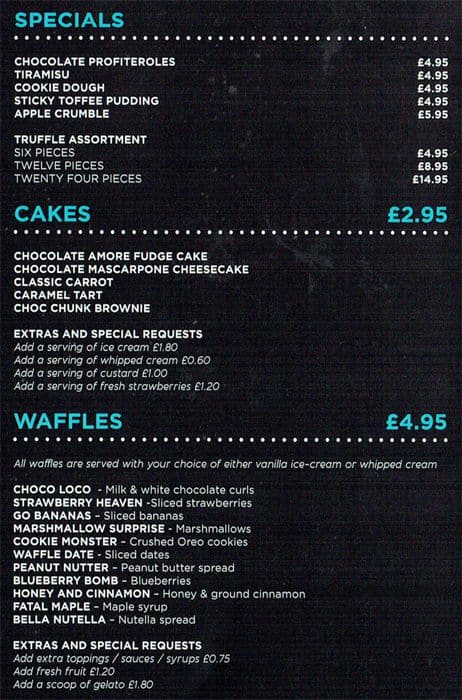 Menu at The Urban Chocolatier restaurant, London, 9 Davenant St