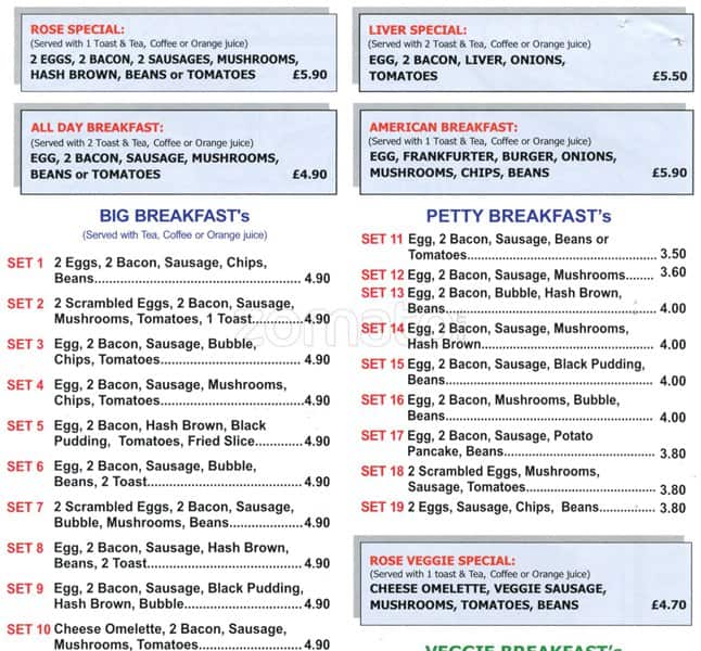 Menu at Rose Cafe, London, 73 Southwark Park Rd