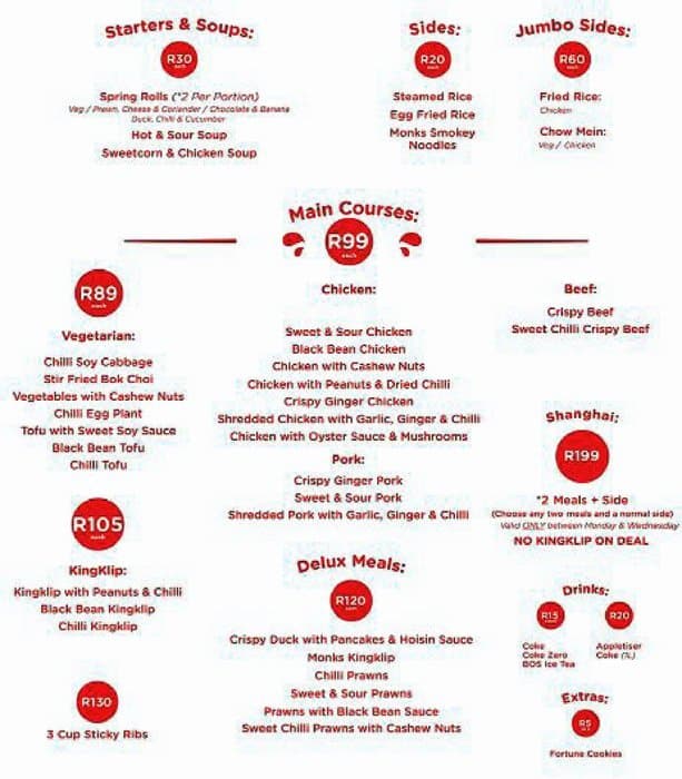 Menu at Monks Chinese restaurant, Cape Town, 33 Loop St