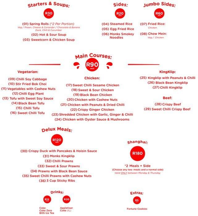 Monk's Chinese Food Menu, Menu for Monk's Chinese Food, CBD, Cape Town