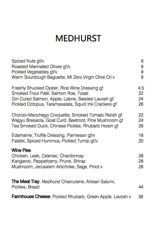 Medhurst Winery menu